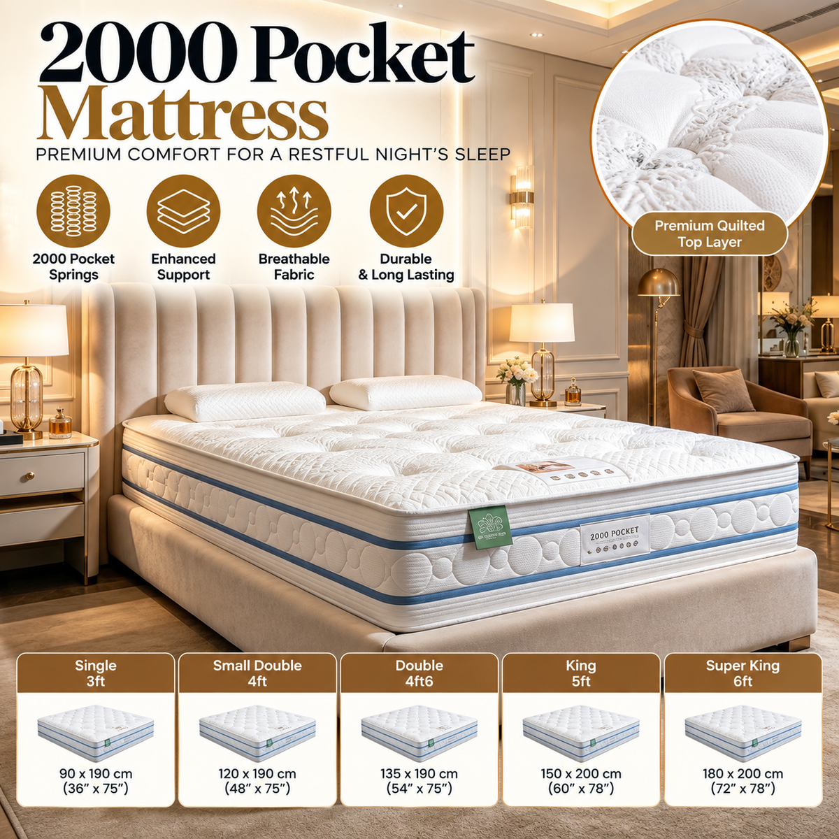 2000 pocket spring mattress in double and king sizes with luxury quilted comfort finish