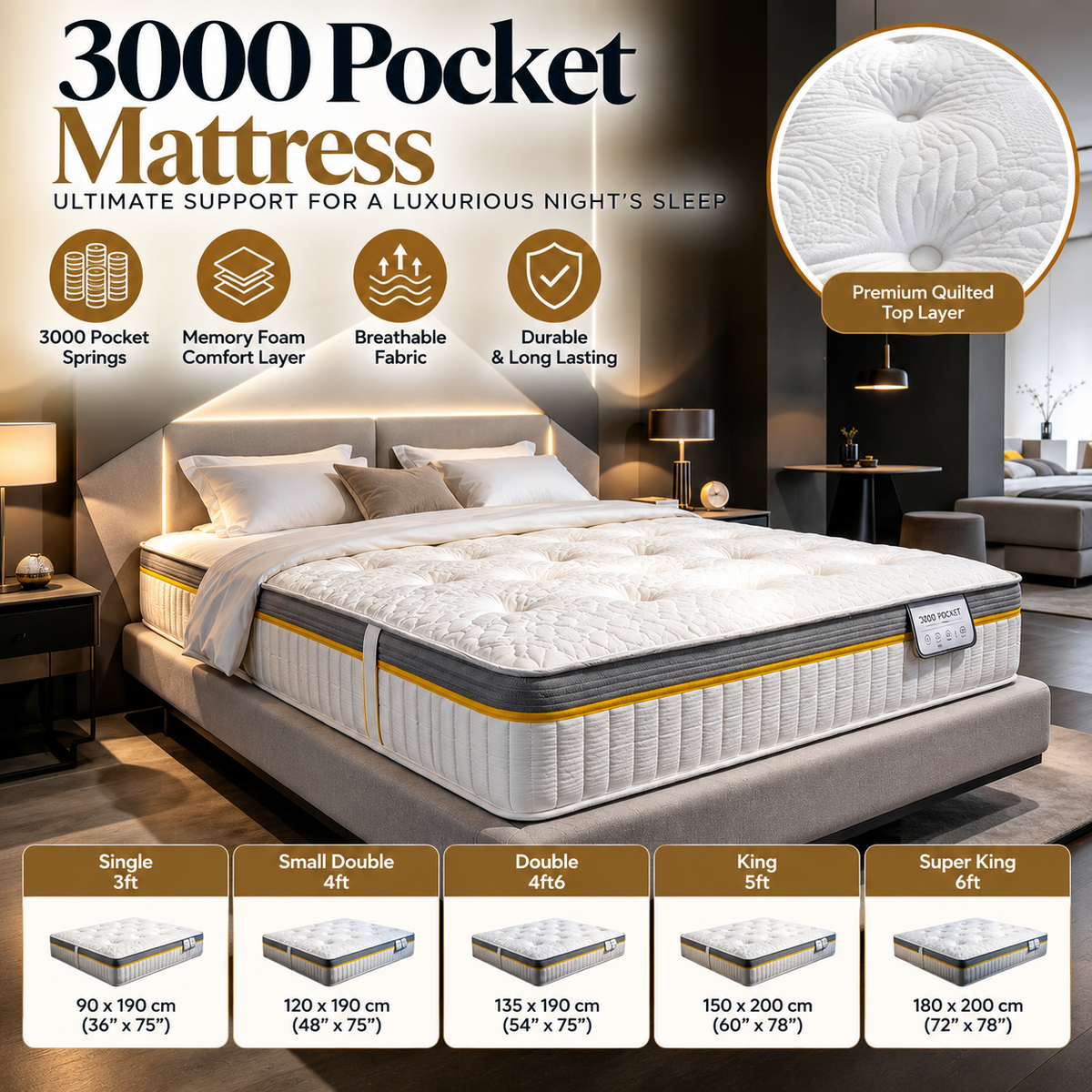 3000 pocket spring mattress with luxury white quilted finish available in Double, King and Super King