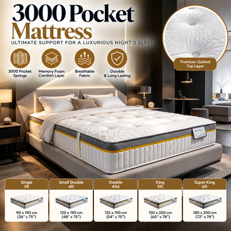 3000 pocket spring mattress with luxury white quilted finish available in Double, King and Super King