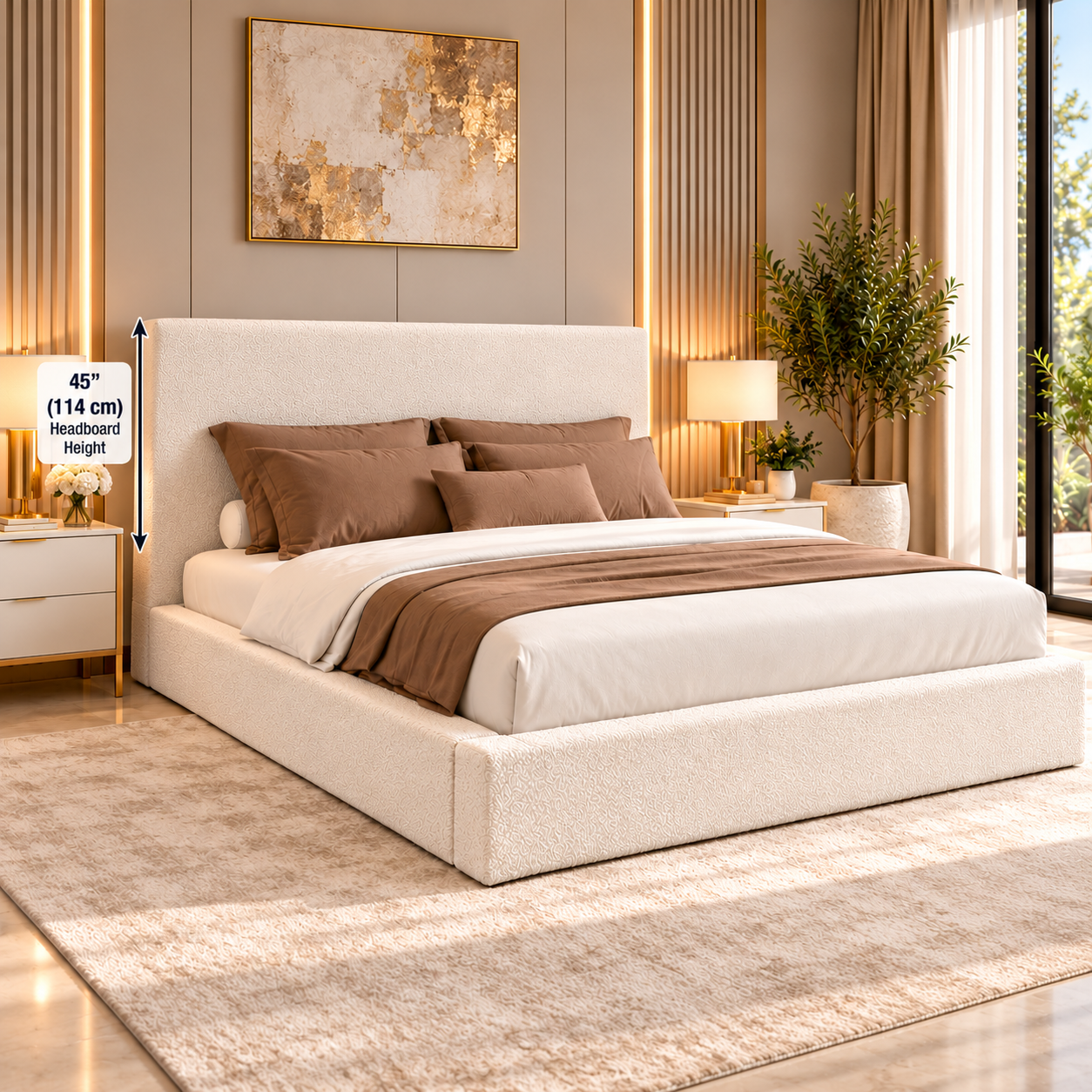 Cream teddy upholstered platform bed frame in a luxury bedroom
