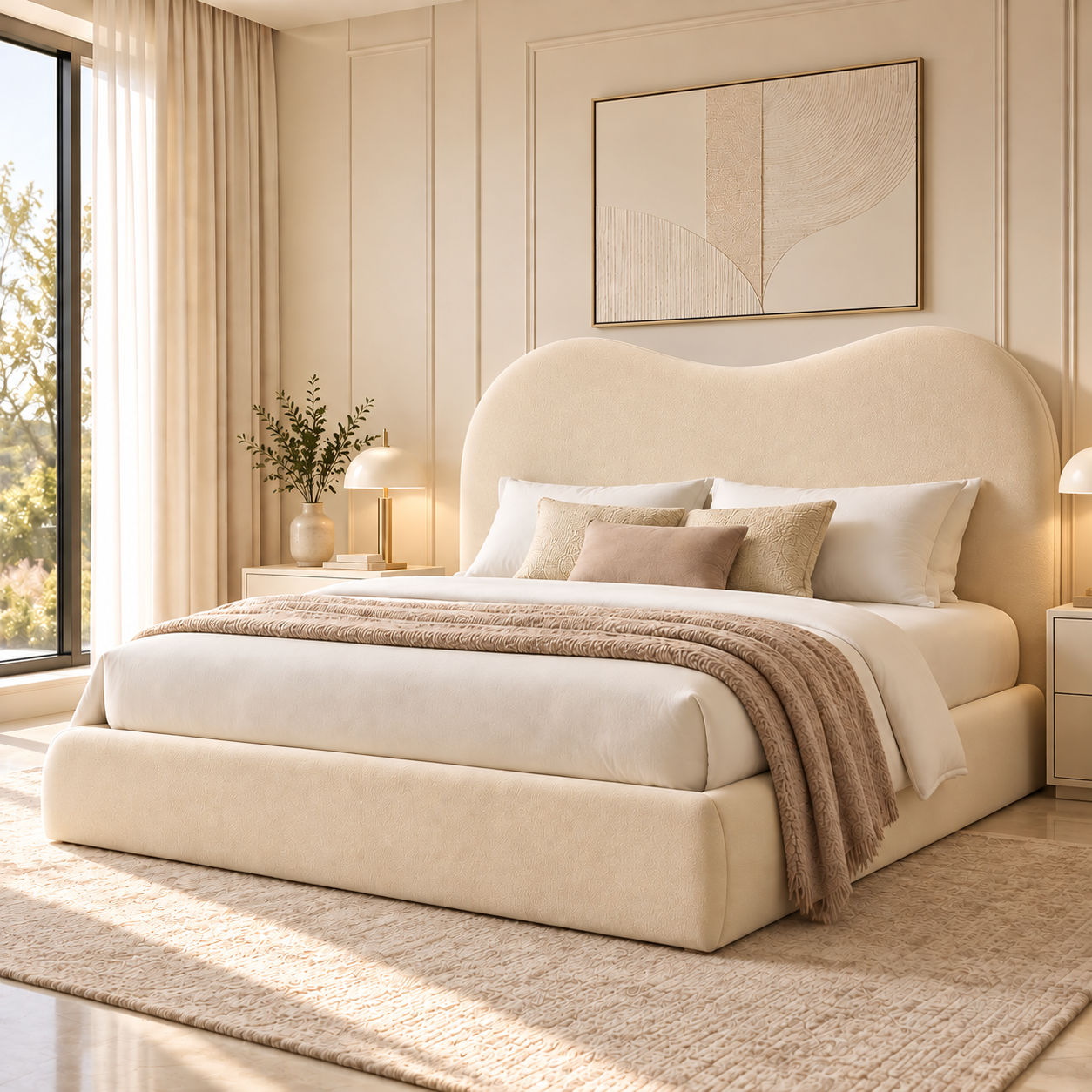 Curved headboard bed with 55-inch luxury wave design, handmade in UK