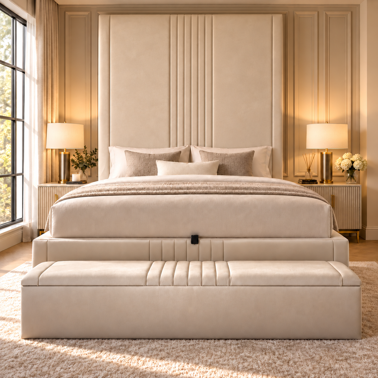 Mayfair luxury tall headboard bed with vertical panel design and premium upholstered finish
