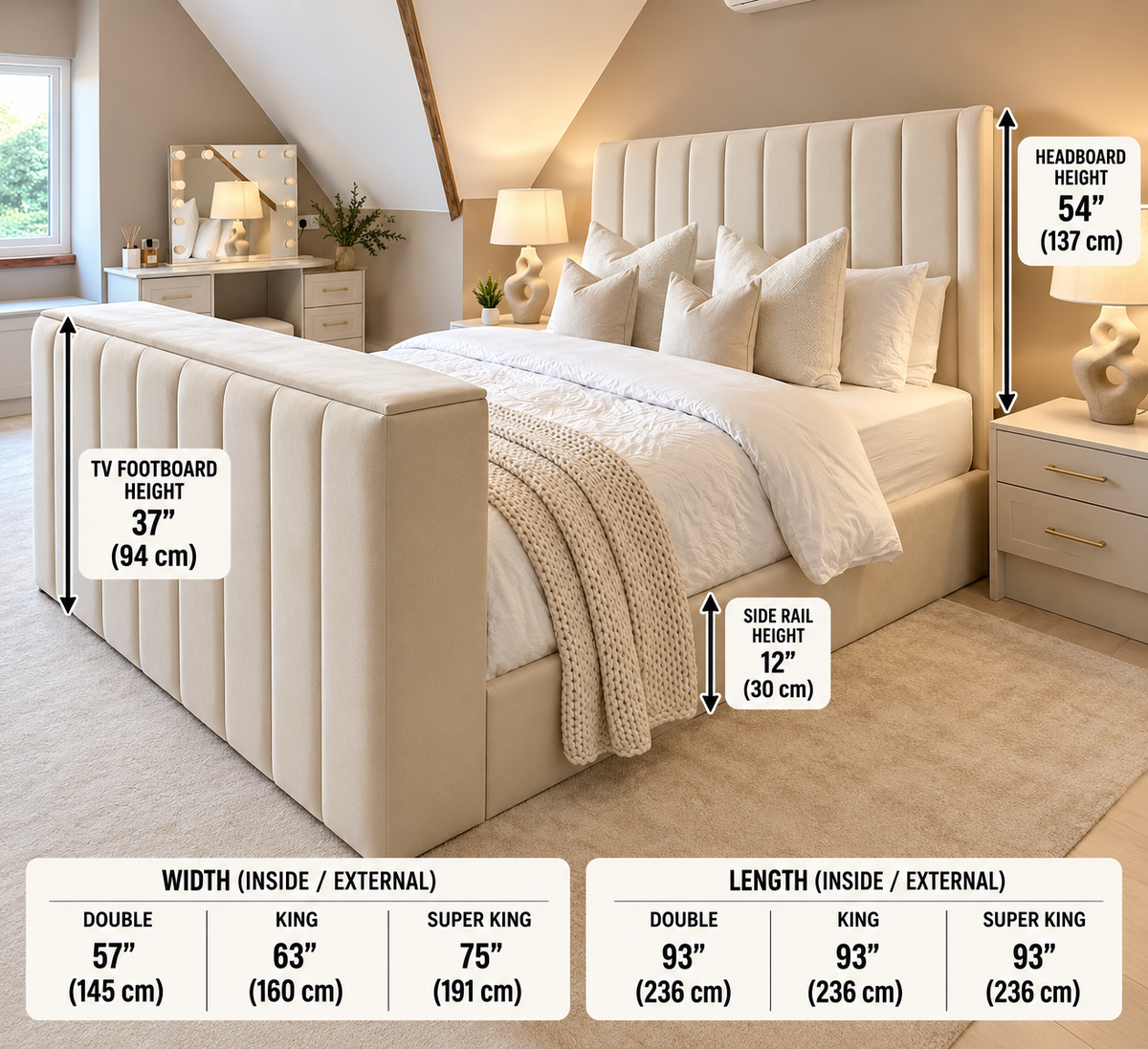 Luxury upholstered TV bed with 50 inch vertical panel headboard and matching TV footboard