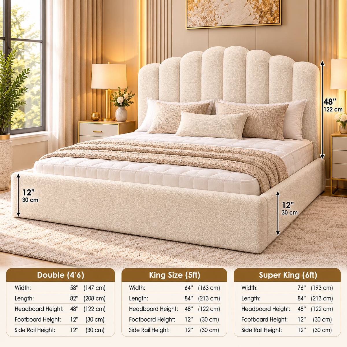 Handmade UK scalloped bed frame in cream teddy fabric with 48 inch padded headboard.