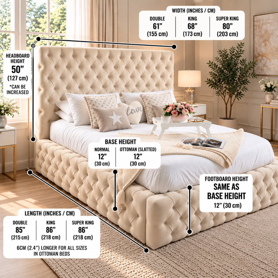 Luxury button tufted bed frame with Chesterfield headboard and deep button upholstery