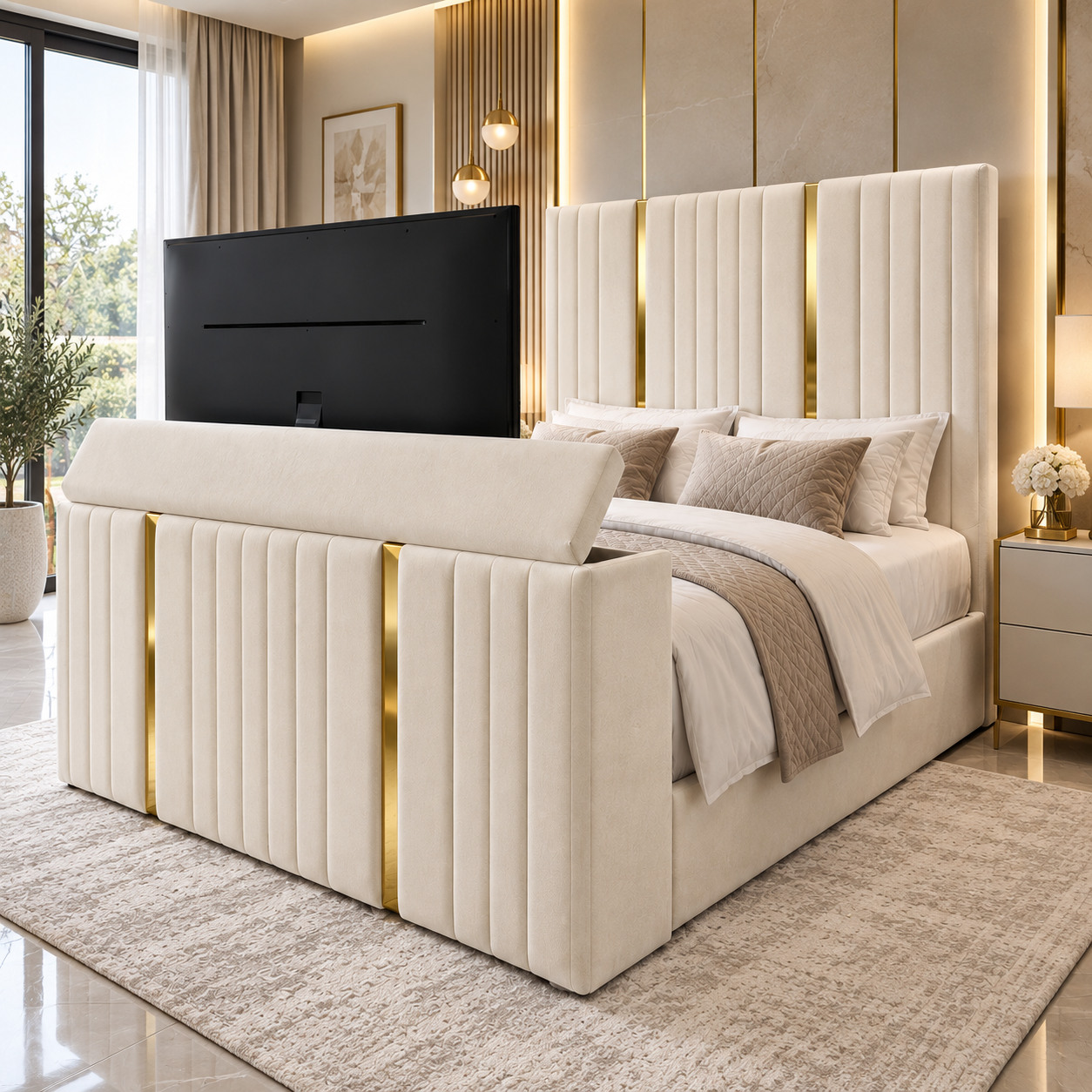 Luxury Gold Trim TV Bed with Integrated TV Lift