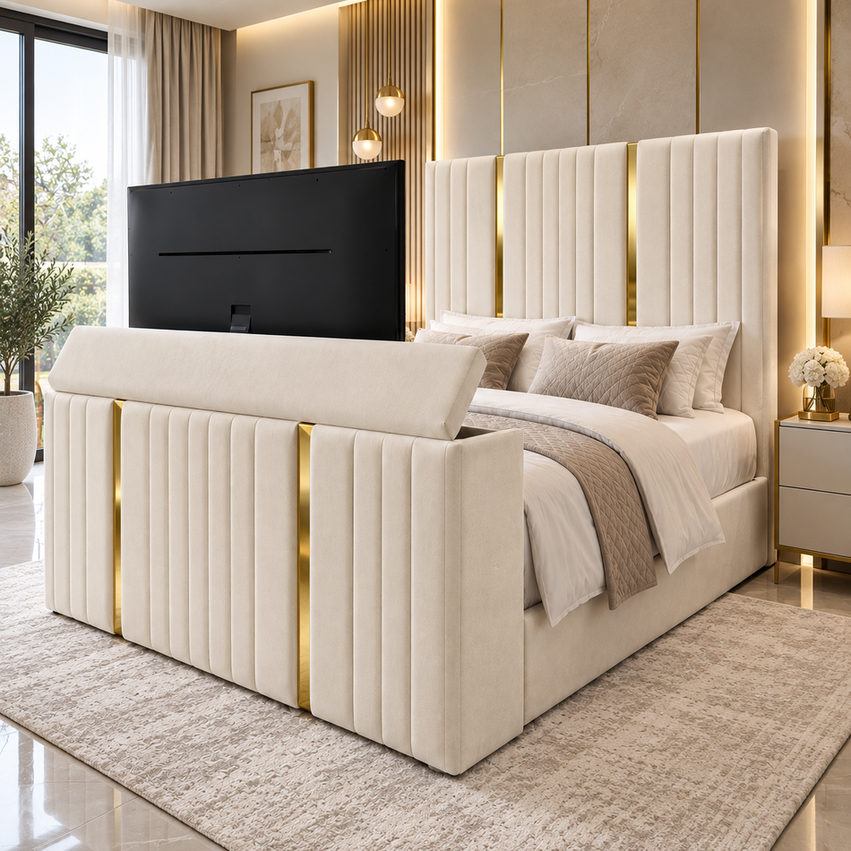Mayfair Gold Panel TV Bed with luxury cream upholstered headboard and integrated TV