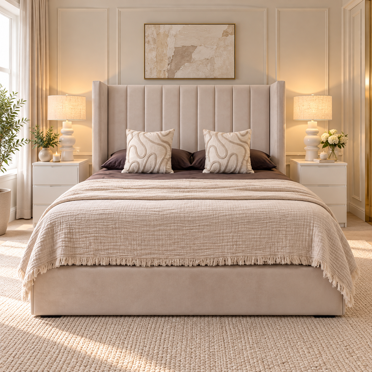 1. Mayfair luxury upholstered bed with tall 60-inch vertical panel headboard