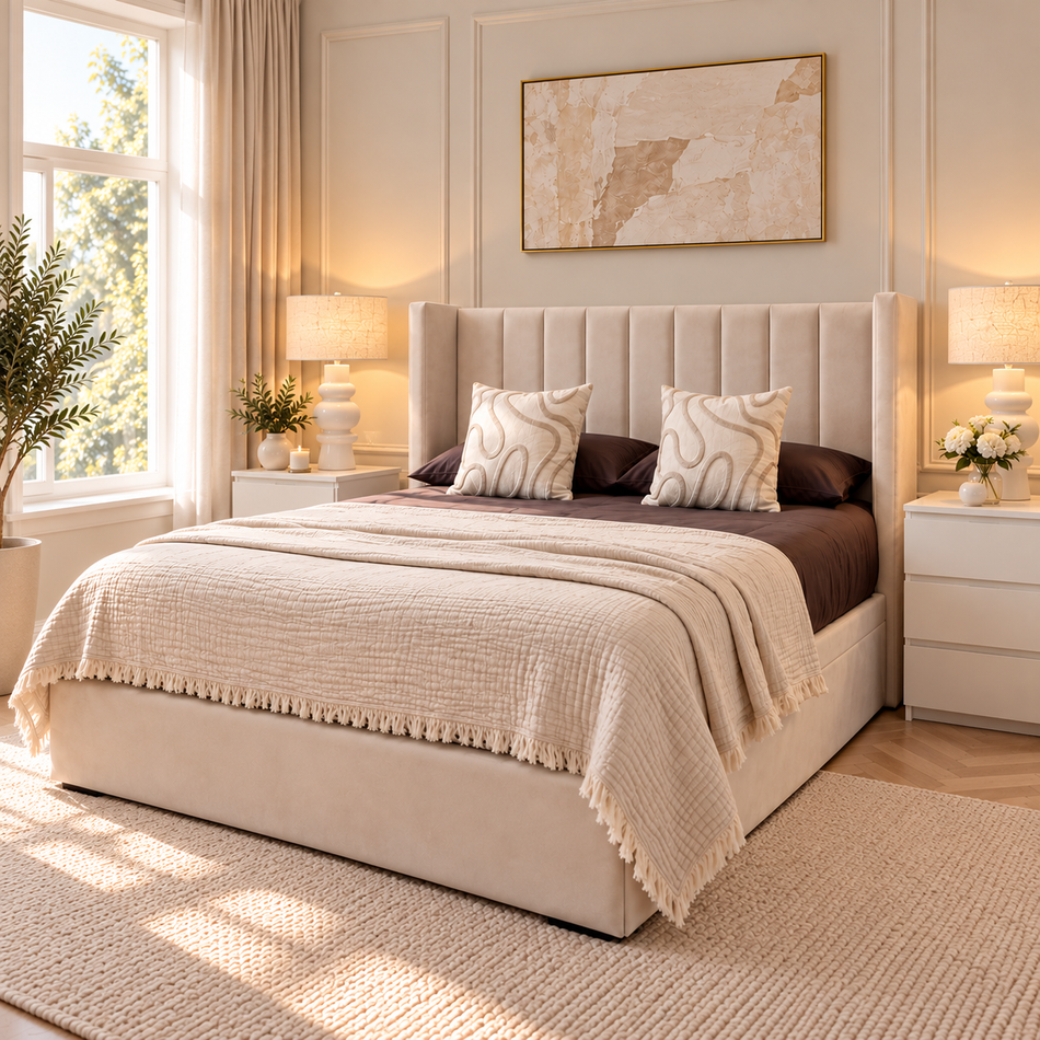 48" — Luxury Upholstered Bed Frame – Modern Vertical Panel Wingback Bed UK
