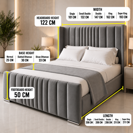 Luxury Grey vertical panel bed with 48 inch upholstered headboard and matching base