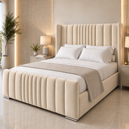Luxury vertical panel bed in cream with contemporary upholstered frame and premium padded finish