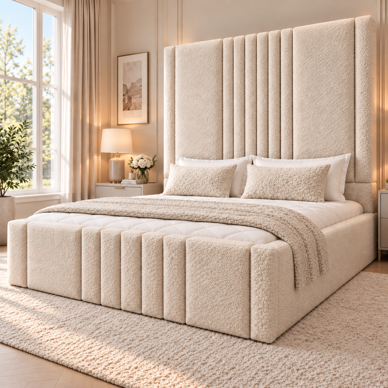 1. Luxury Tall Bouclé Ottoman Storage Bed – Kensington Teddy Bed UK