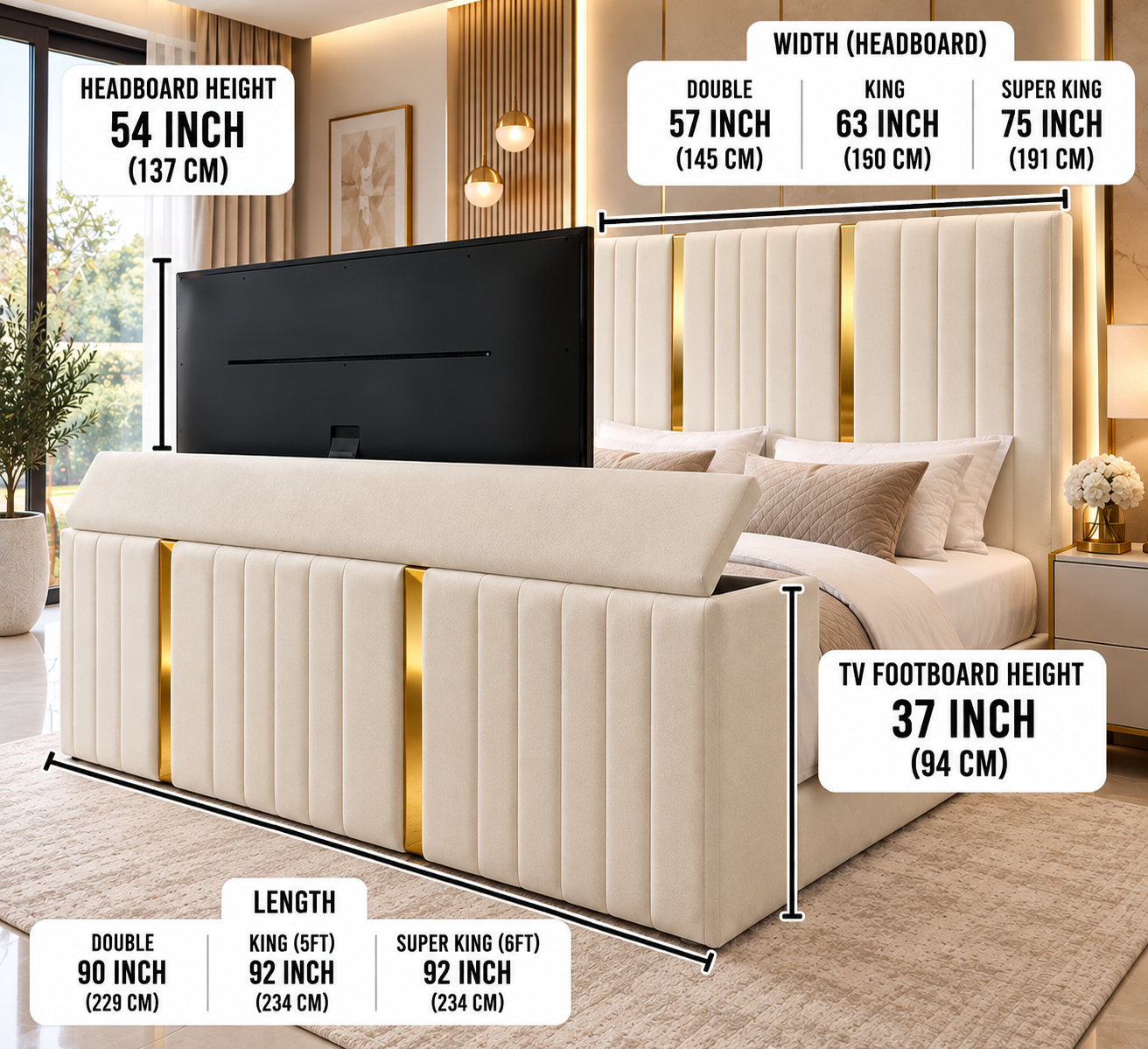 1. Mayfair Ottoman TV Bed with Storage – Gold Trim Upholstered Bed
