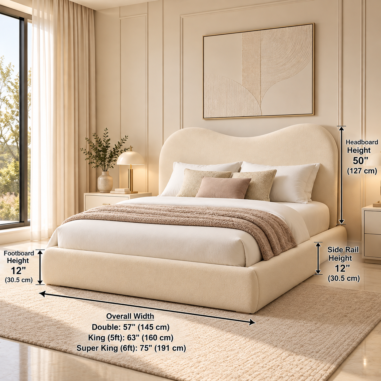 curved ottoman storage bed with a modern wave headboard and upholstered frame