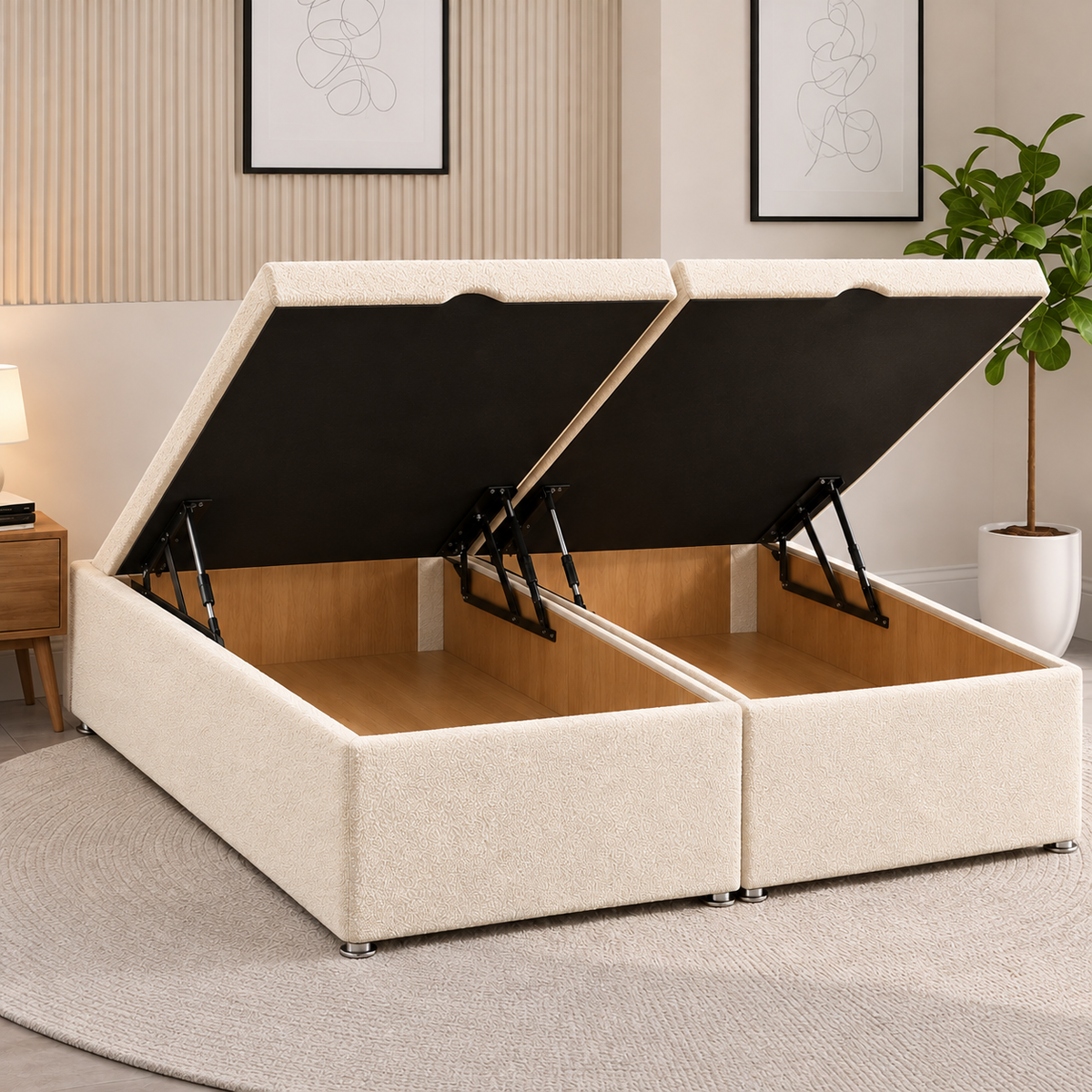 Luxury Florence side lift ottoman divan bed in cream velvet with upholstered panel headboard.