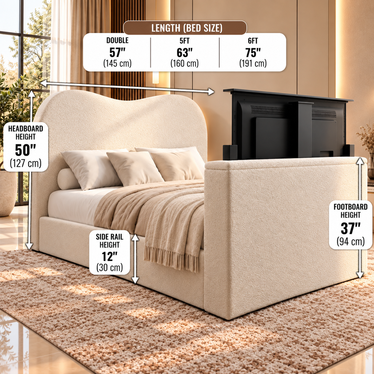 1. King size Teddy Bouclé TV bed with curved headboard handmade in the UK