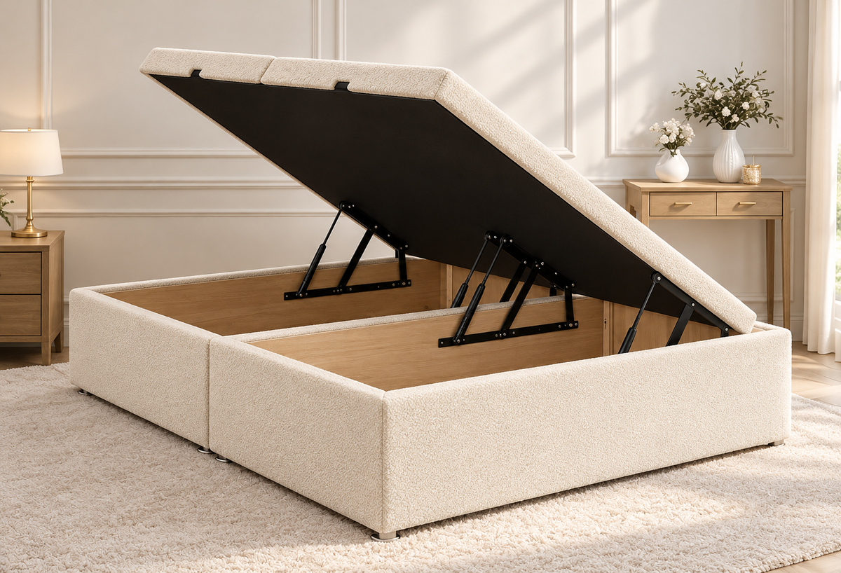 Modern cream bouclé ottoman divan bed with plain padded headboard and optional lift-up storage