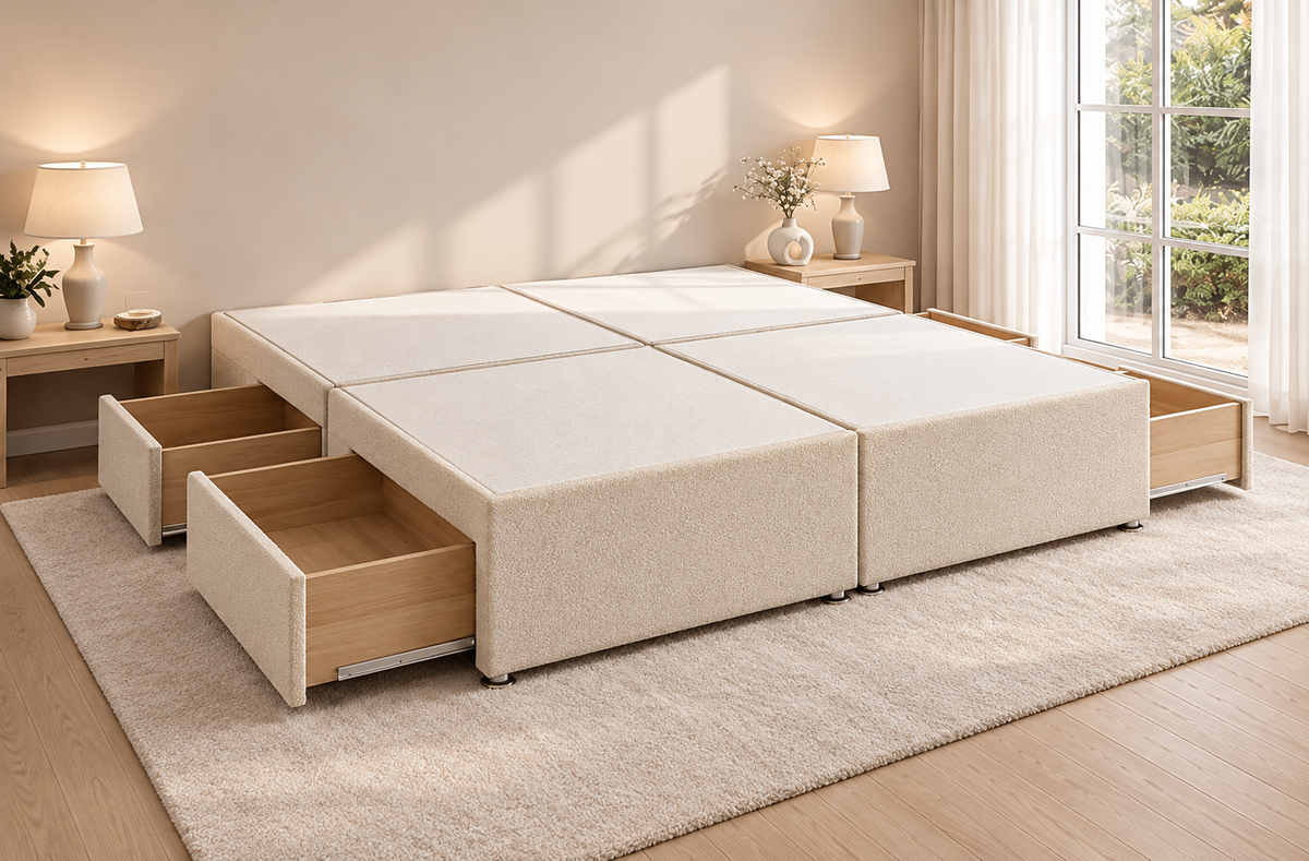 Handmade UK teddy bouclé divan bed with 60 inch plain headboard and open footend design
