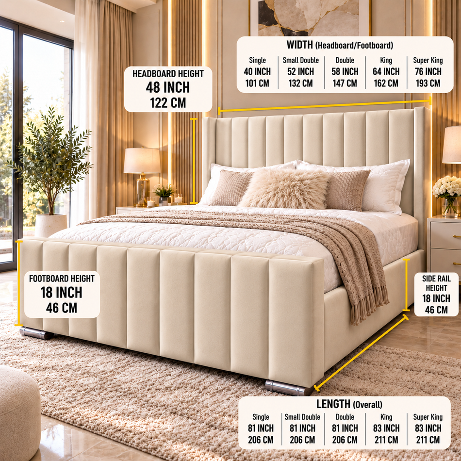 Ottoman storage bed frame with vertical panel wingback headboard handmade in UK superking