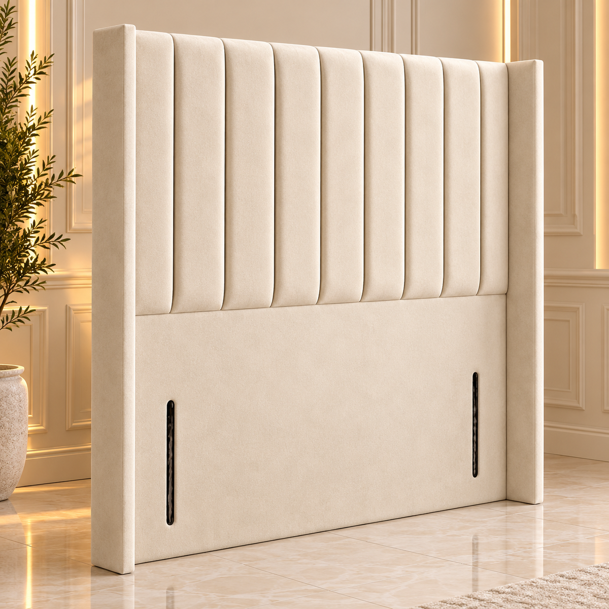 Florence cream plush velvet divan bed with 48 inch vertical panel wingback headboard and standard base.