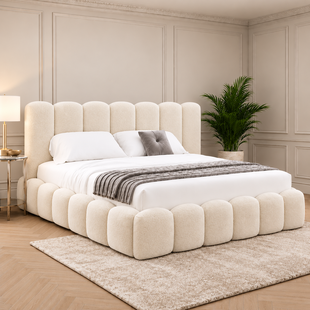 Luxury teddy bouclé bed frame with rounded panel headboard in cream