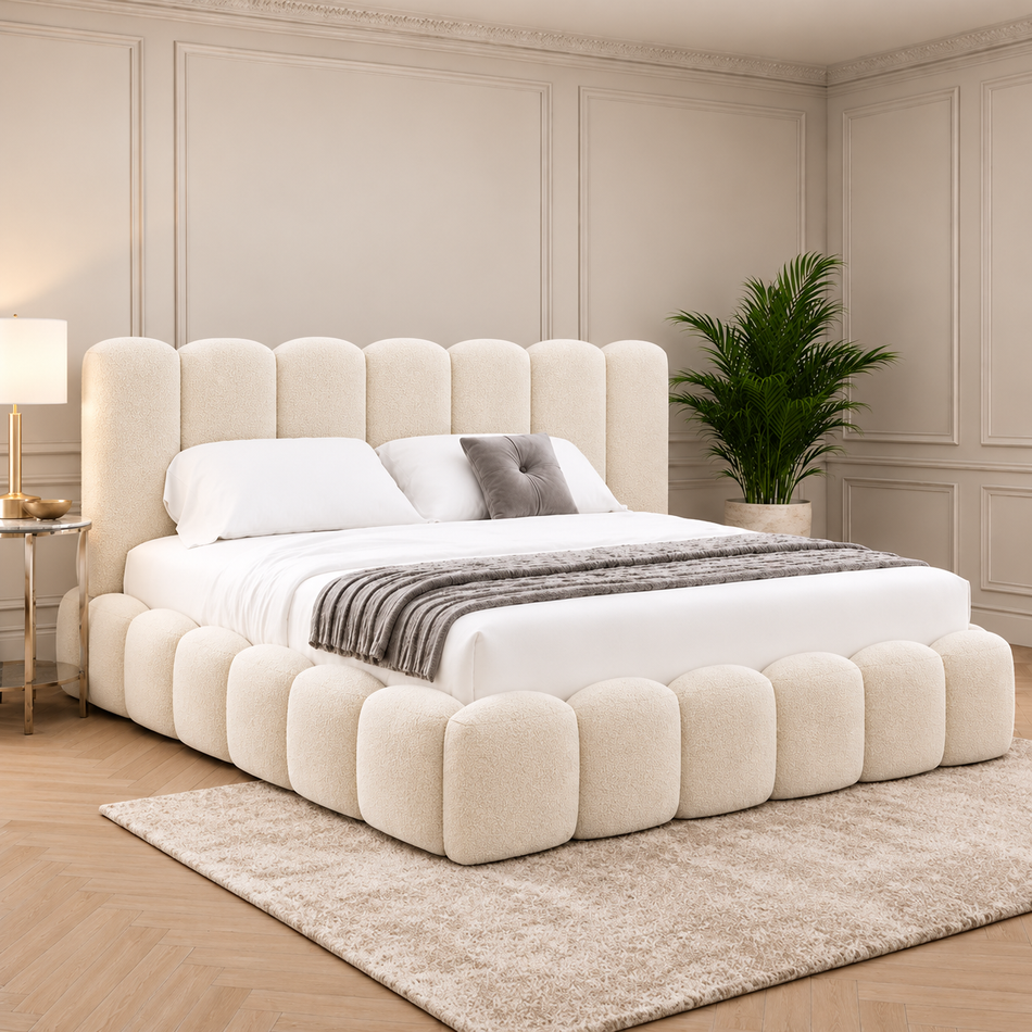 Luxury teddy bouclé bed frame with rounded panel headboard in cream