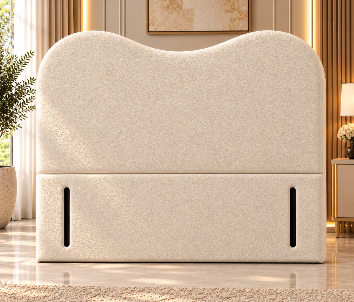 No Storage: Aurora luxury cream teddy bouclé divan bed with curved wave headboard and standard no storage base.