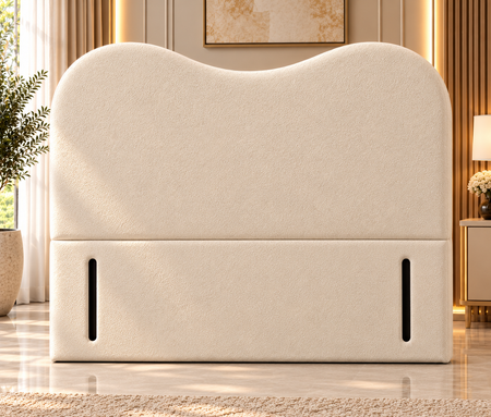 No Storage: Aurora luxury cream teddy bouclé divan bed with curved wave headboard and standard no storage base.