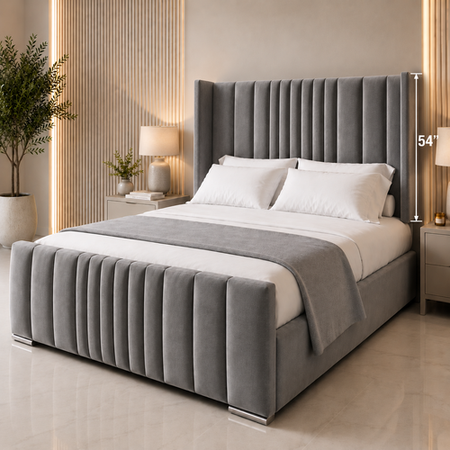 Luxury grey vertical panel bed frame with 54-inch statement headboard in cream