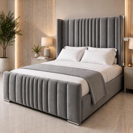 Luxury vertical panel upholstered bed with 60-inch-tall headboard and matching footboard