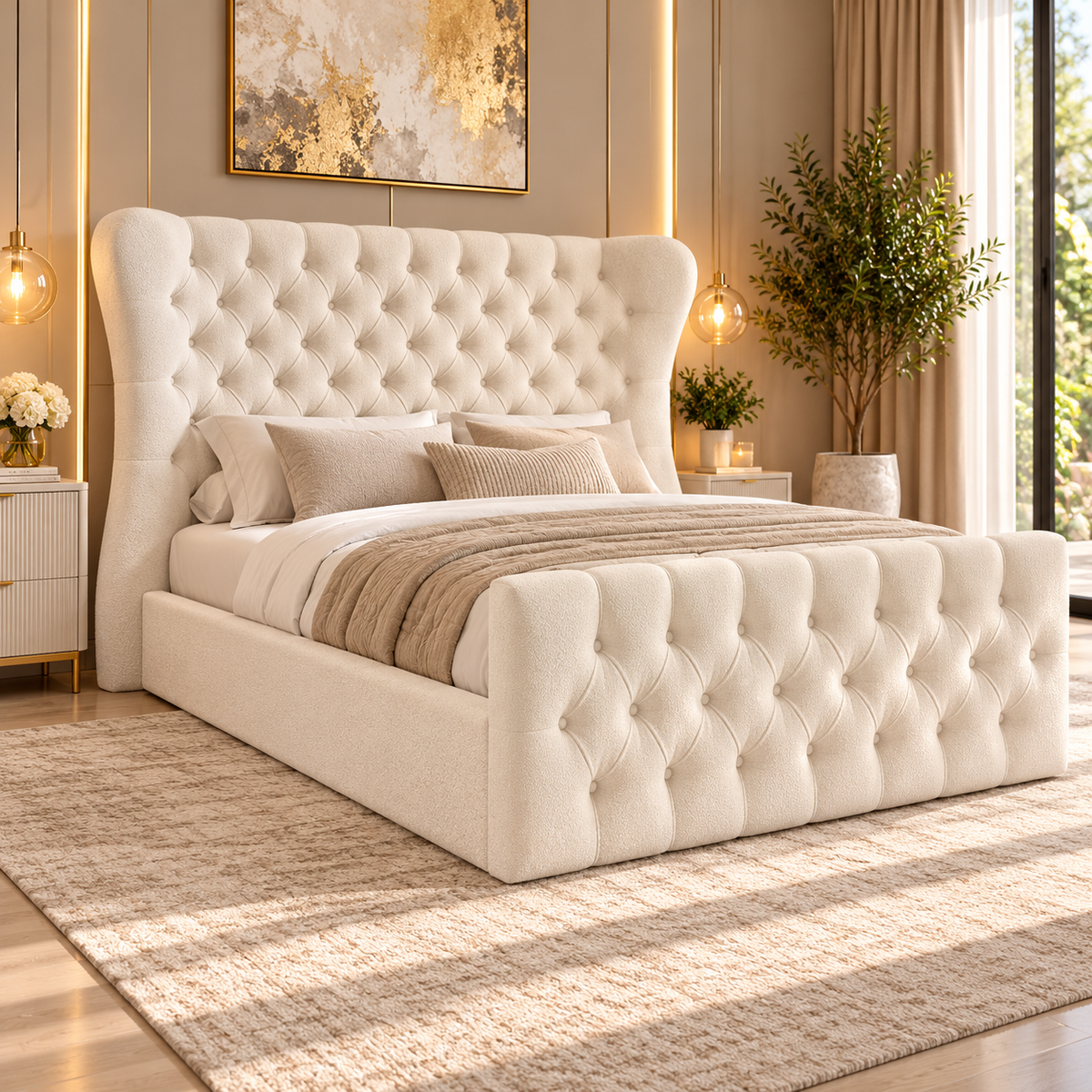 Luxury cream Chesterfield wingback bed with diamond tufted headboard