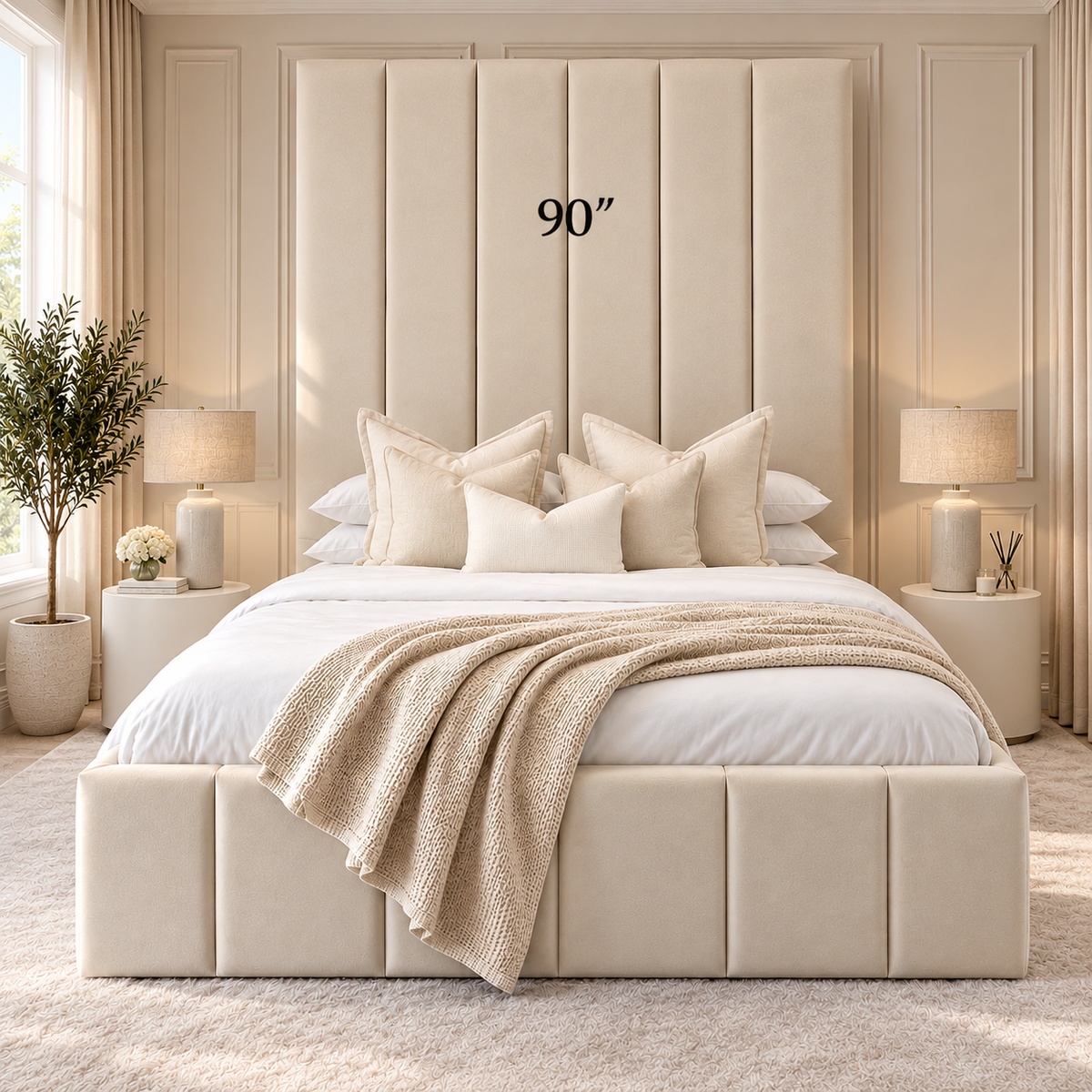 90 inch extra tall headboard bed in cream with modern vertical panel design and matching footboard