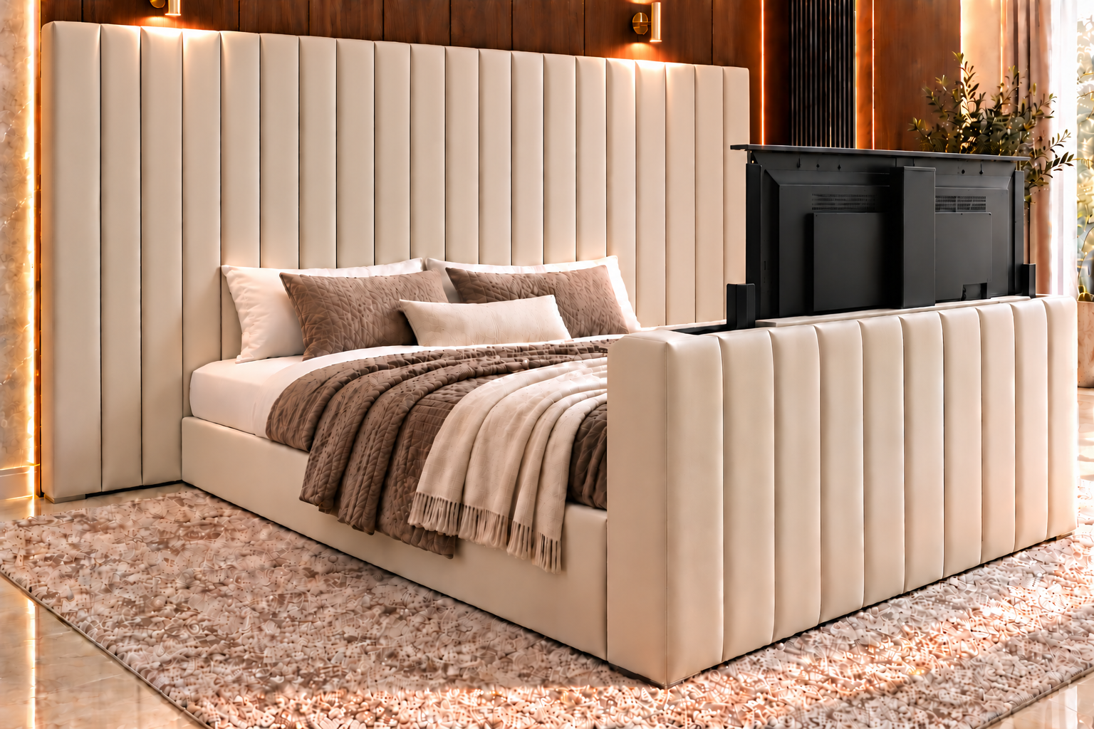 1. Super King TV bed frame with tall vertical panel headboard and electric TV lift