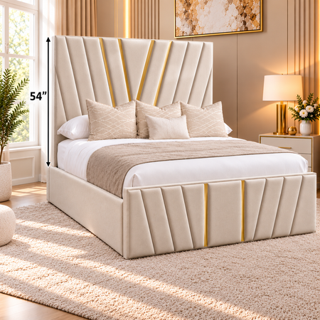 Luxury 54-inch tall headboard bed frame with gold strip detailing, upholstered side rails and optional ottoman storage.