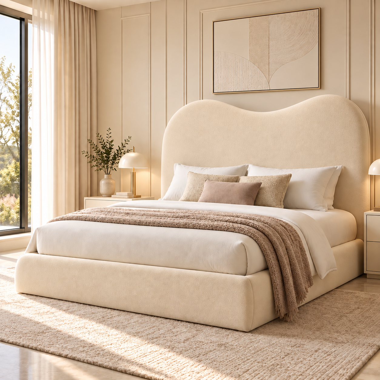 Luxury upholstered bed frame with 60-inch-tall curved statement headboard