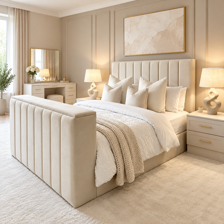 The Duke luxury TV bed frame in cream velvet with tall vertical panel headboard and hidden television lift