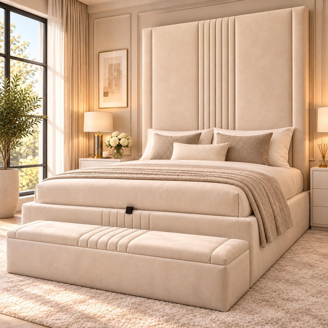 Mayfair Luxury Ambassador Bed with 70 inch tall upholstered headboard