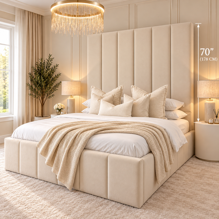 The Belgravia luxury tall headboard bed in cream with vertical panel upholstered design handmade in the UK
