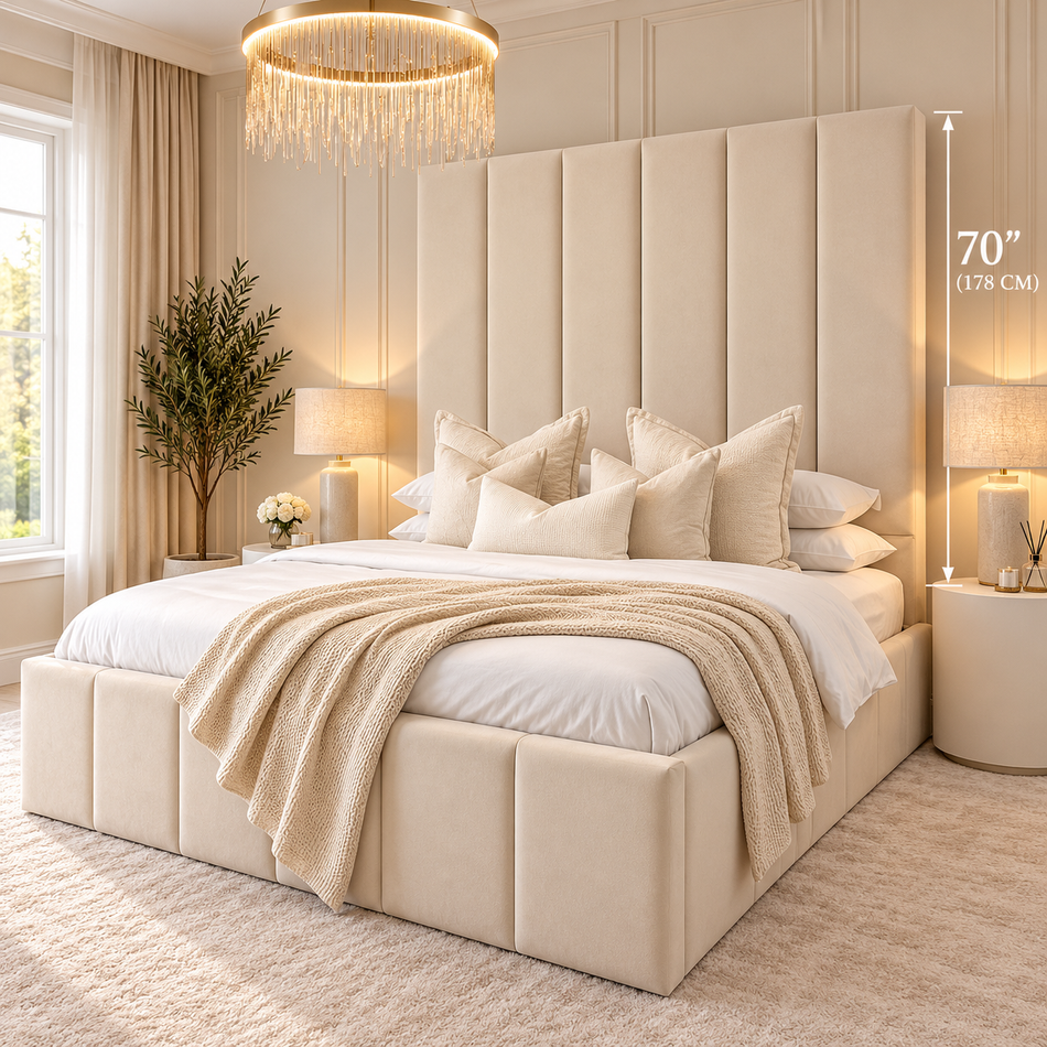 The Belgravia luxury tall headboard bed in cream with vertical panel upholstered design handmade in the UK