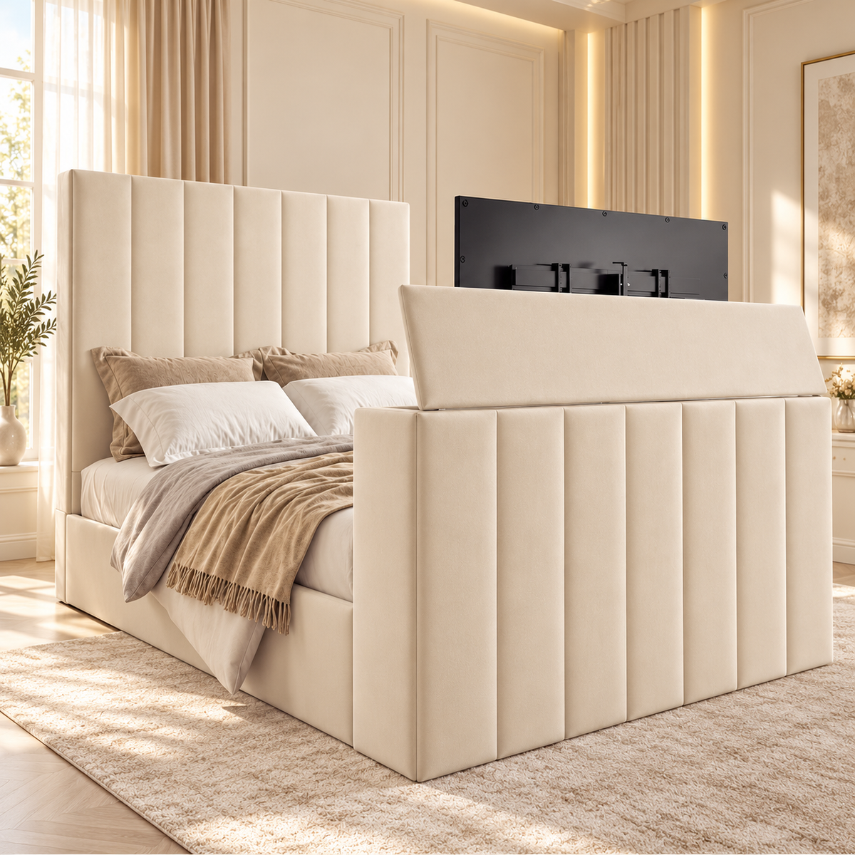 The Duke modern TV bed with 54 inch tall headboard, handmade in the UK
