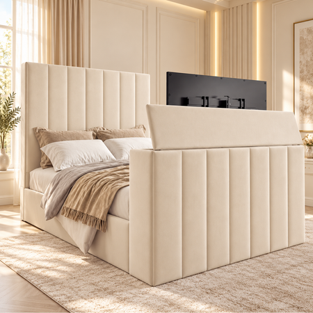 The Duke modern TV bed with 54 inch tall headboard, handmade in the UK