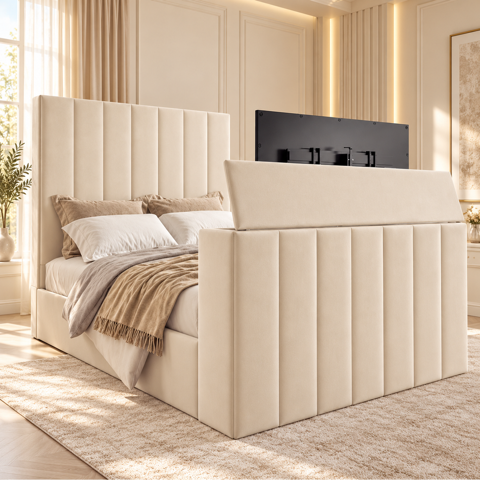 The Duke modern TV bed with 54 inch tall headboard, handmade in the UK