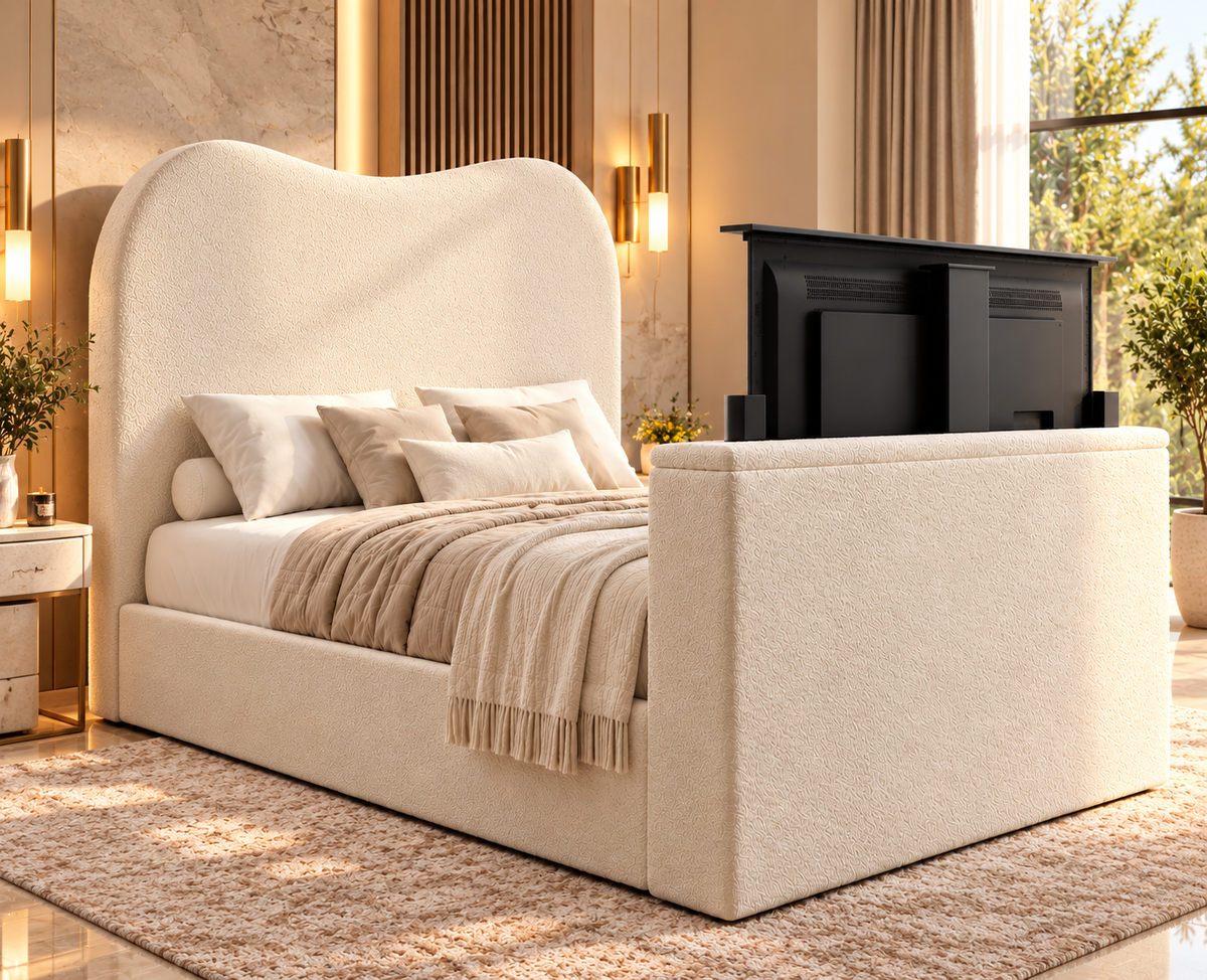 Luxury upholstered TV bed with hidden electric TV lift and Teddy fabric