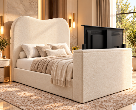 Luxury upholstered TV bed with hidden electric TV lift and Teddy fabric
