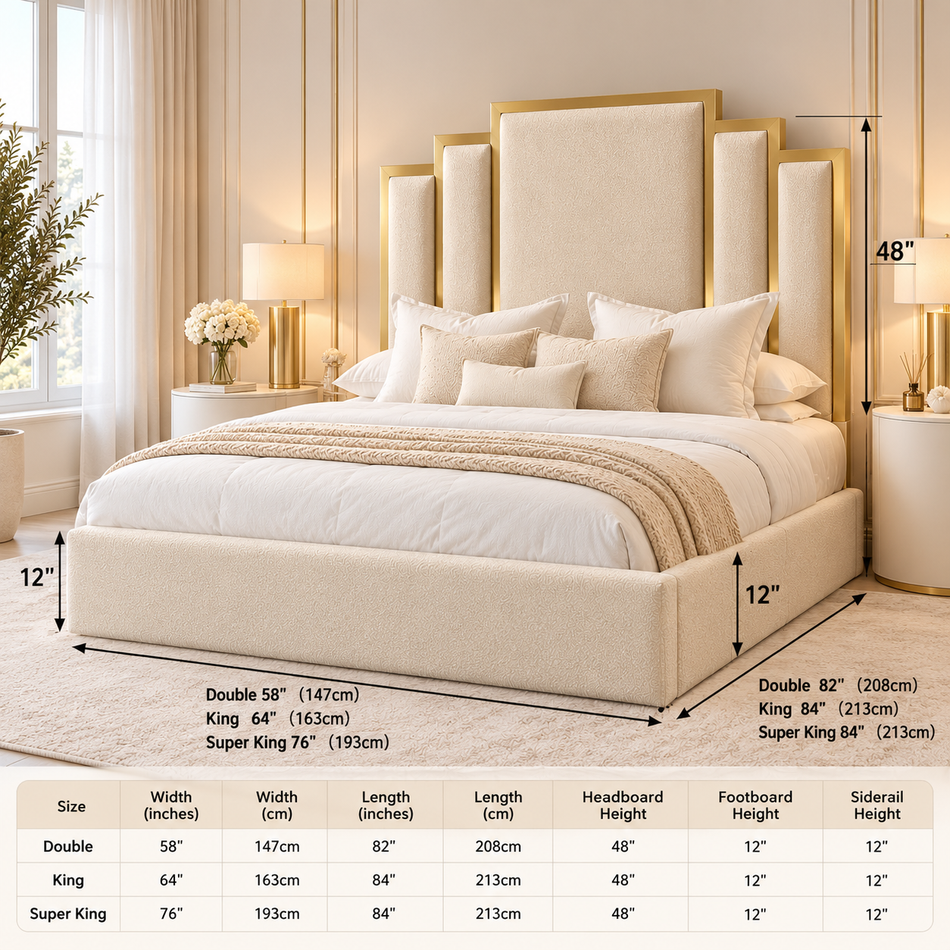 Modern Art Deco bed frame with elegant gold detailing, cream plush velvet upholstery and luxury padded headboard.