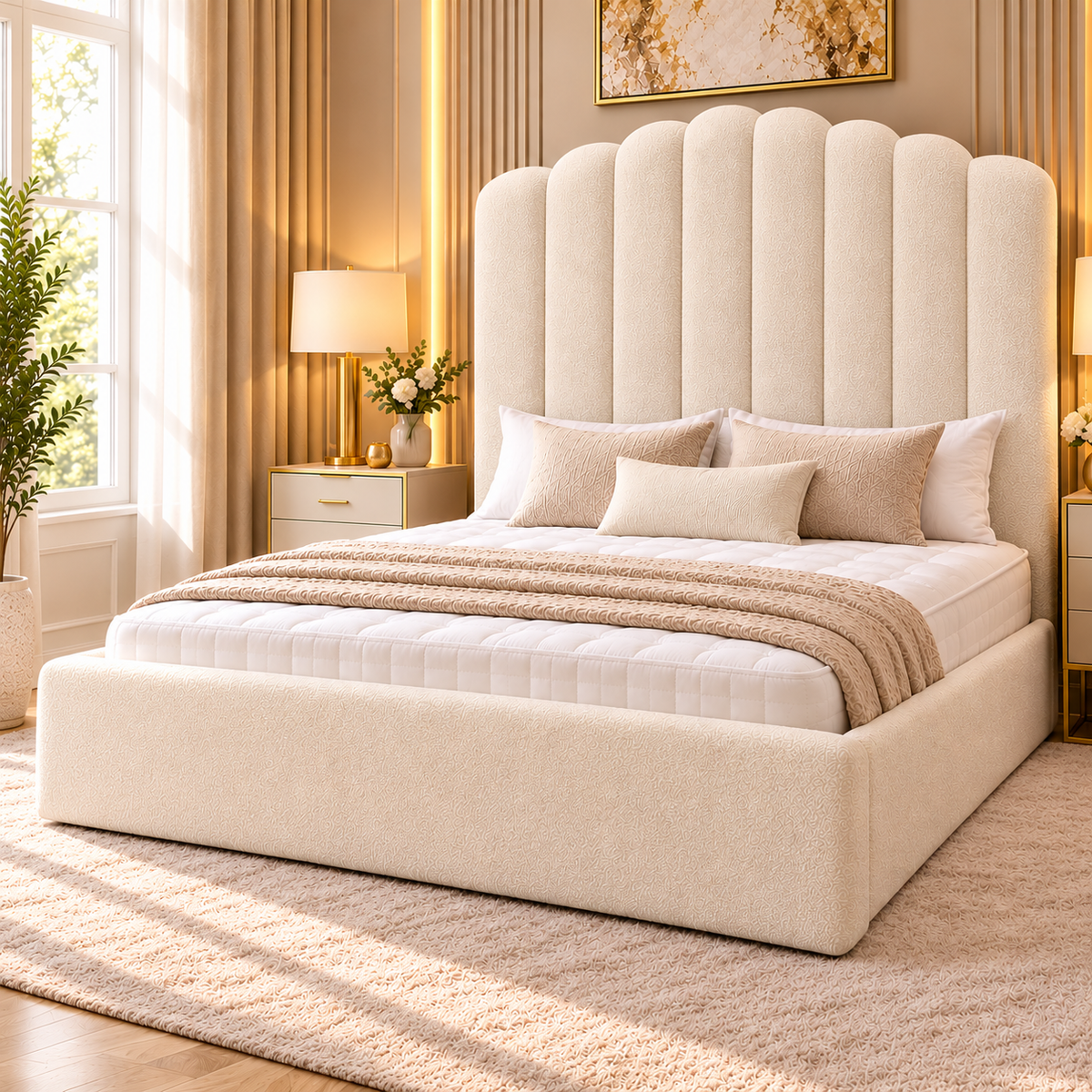 Modern cream bouclé upholstered bed with 54 inch scalloped headboard and plain footboard.
