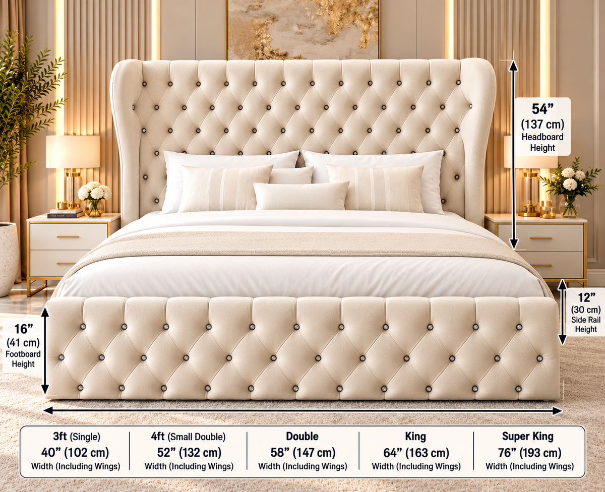 Tall 54 inch diamond buttoned Chesterfield wingback bed frame