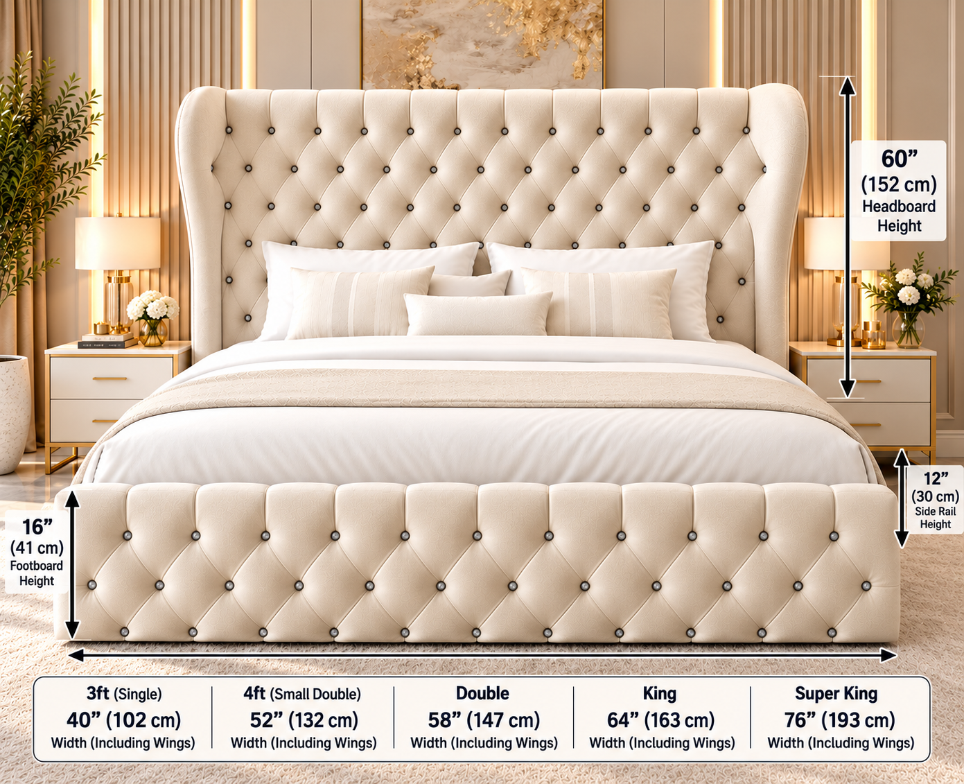 1. 60 inch luxury wingback headboard bed with optional ottoman storage