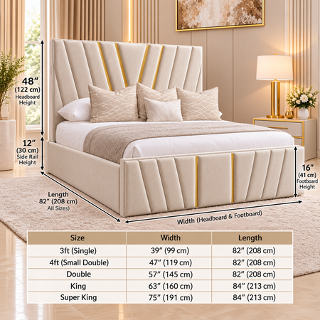 Modern luxury panel bed with 48-inch headboard, elegant gold detailing and premium cream upholstery for contemporary bedrooms.
