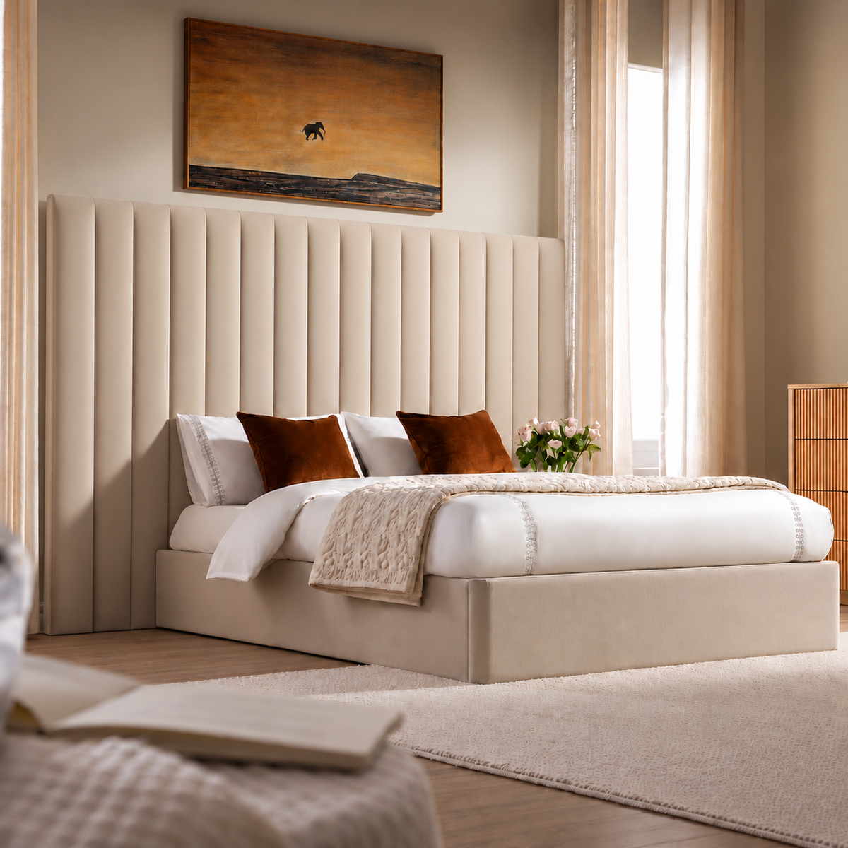 Extra wide upholstered bed frame with 70 inch tall statement headboard